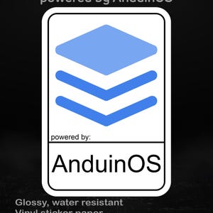 Op de afbeelding: Een witte sticker met een blauw geometrisch ontwerp en de tekst "powered by AnduinOS". De sticker is glanzend, waterbestendig en gemaakt van vinyl stickerpapier, verkrijgbaar in verschillende maten.