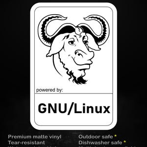 Impulsado por GNU/Linux – Pegatina de vinilo mate para desarrolladores, administradores de sistemas y entusiastas del código abierto.