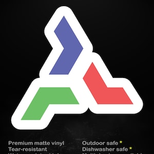 Op de afbeelding: Een sticker met een geometrisch ontwerp in blauw, groen en rood met een witte rand. De tekst "stick me! somewhere cool..." staat bovenaan. De sticker is gemaakt van premium mat vinyl, scheurvast en waterbestendige inkt.