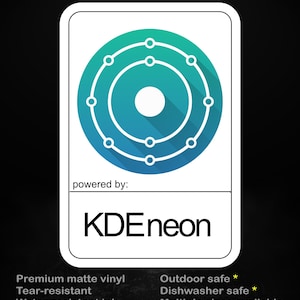 Könnte beinhalten: Ein weißer Aufkleber mit einem blau-türkisen kreisförmigen Design, das aus konzentrischen Kreisen mit verbundenen Punkten besteht. Der Text "stick me! somewhere cool..." steht oben und "KDEneon" unten.