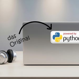 May include: A silver laptop with a sticker that says "powered by python" in white text. The sticker features a blue and yellow logo. A pair of silver and black headphones are on the table.