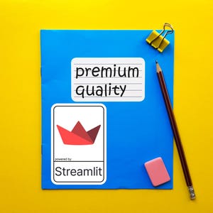 K&ouml;nnte beinhalten: Ein blauer Notizblock mit den Worten "premium quality" auf einem wei&szlig;en Aufkleber. Ein rot-wei&szlig;es Logo mit dem Text "Streamlit" befindet sich ebenfalls auf dem Notizblock. Ein Bleistift, ein Radiergummi und eine B&uuml;roklammer befinden sich auf gelbem Hintergrund.