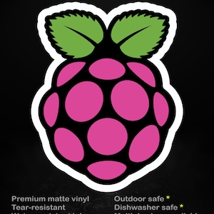 Könnte beinhalten: Ein Aufkleber mit einem stilisierten Himbeer-Design, mit rosa Kreisen, grünen Blättern und einem weißen Rand. Der Text "stick me! somewhere cool..." steht oben. Hergestellt aus hochwertigem, mattem Vinyl, reißfest und wasserfester Tinte.