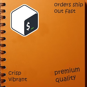 May include: An orange spiral-bound notebook with a black pen on the left and a silver pen on the right. The notebook has a white and black logo with a dollar sign. Text on the notebook reads "orders ship out fast", "Crisp Vibrant", and "premium quality".