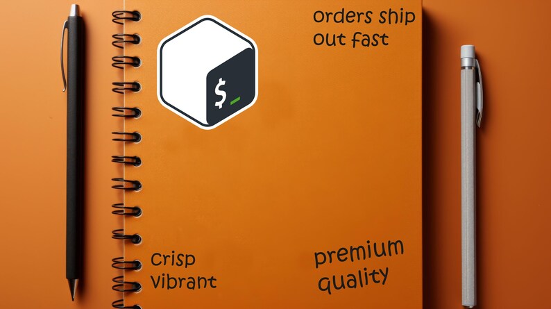 May include: An orange spiral-bound notebook with a black pen on the left and a silver pen on the right. The notebook has a white and black logo with a dollar sign. Text on the notebook reads "orders ship out fast", "Crisp Vibrant", and "premium quality".
