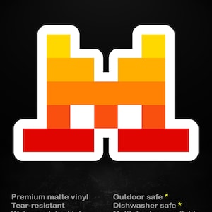 May include: A square sticker featuring a pixelated letter H design in a gradient of yellow, orange, and red. The text stick me! somewhere cool... appears at the top, with product details including premium matte vinyl and water-resistant ink below.