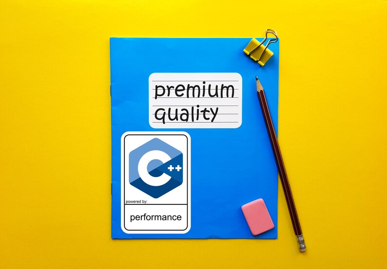 May include: A blue notepad with the words "premium quality" and a C++ logo, alongside a pencil, eraser, and a yellow binder clip on a yellow background. The C++ logo is labelled "performance".