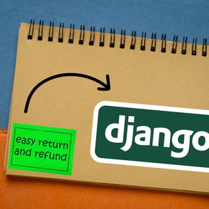 May include: A spiral-bound notebook with the word "django" in white on a green rectangle. A pen with a gold tip and a green sticker that says "easy return and refund" are also visible. The background is blue and orange.