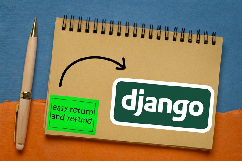 May include: A spiral-bound notebook with the word "django" in white on a green rectangle. A pen with a gold tip and a green sticker that says "easy return and refund" are also visible. The background is blue and orange.