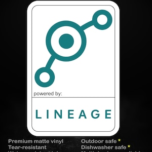 Puede incluir: Adhesivo blanco con un gráfico turquesa y la palabra "LINEAGE". El adhesivo también tiene el texto "stick me! somewhere cool..." en la parte superior. El texto adicional incluye "powered by:" y detalles sobre las características del adhesivo.