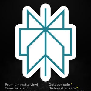 May include: A teal geometric sticker on a black background with the text stick me! somewhere cool... and product details including premium matte vinyl, tear-resistant, water-resistant ink, outdoor safe, dishwasher safe, and multiple sizes available.