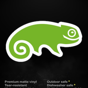 May include: A green chameleon sticker with a white border on a black background. The sticker features the text "stick me! somewhere cool..." in yellow and white. The sticker is made of premium matte vinyl, is tear-resistant, and water-resistant.