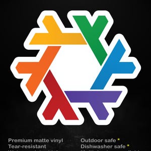Op de afbeelding: Een sticker met een witte rand en een kleurrijk geometrisch ontwerp in een zeshoekige vorm. Het ontwerp bevat oranje, gele, groene, blauwe, paarse en rode vormen. De tekst bovenaan luidt "stick me! somewhere cool..."