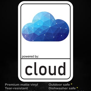 Peut inclure: Un autocollant blanc avec un nuage bleu et le mot "cloud" en gras. Le texte "stick me! somewhere cool..." est également présent, ainsi que des informations sur les caractéristiques de l'autocollant.