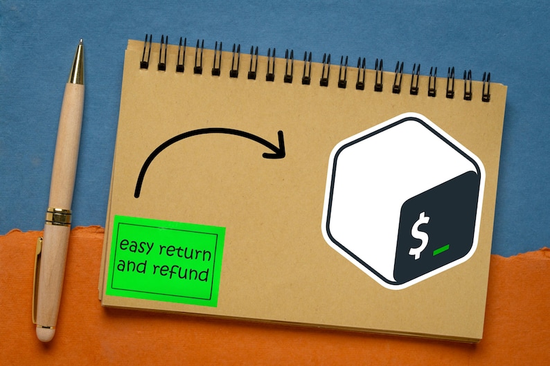 May include: A spiral-bound notebook with a pen, a green sticker with the text "easy return and refund", and a black arrow pointing to a white and dark gray cube with a dollar sign graphic. The background is blue and orange.