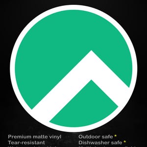May include: A round sticker with a green background and a white arrow-shaped design. The sticker has the text "stick me! somewhere cool..." and additional text indicating it is made of premium matte vinyl, tear-resistant, and water-resistant ink.