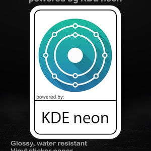May include: A glossy, water-resistant vinyl sticker with the KDE neon logo. The design features a teal and blue circular graphic with white detailing and the words "KDE neon". Available in various sizes.