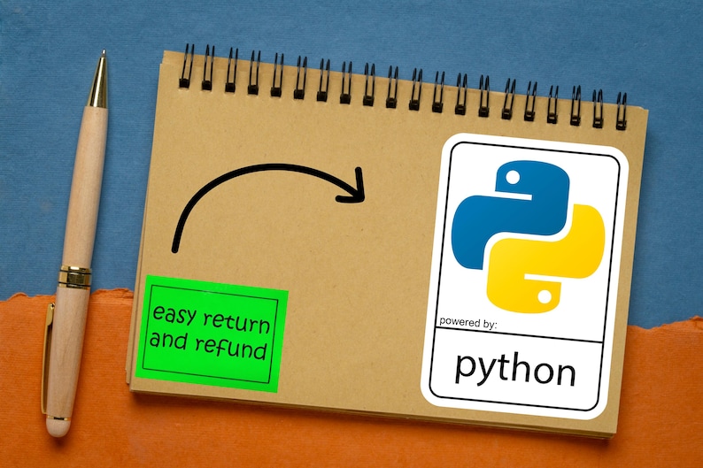 May include: A spiral-bound notepad with a Python logo sticker, a green sticker with "easy return and refund" text, and a pen. The Python logo is blue and yellow. The background is blue and orange.
