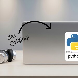 May include: A silver laptop with a Python sticker featuring a blue and yellow logo and the text "powered by python." The image also includes a pair of silver and black headphones and the text "das Original."