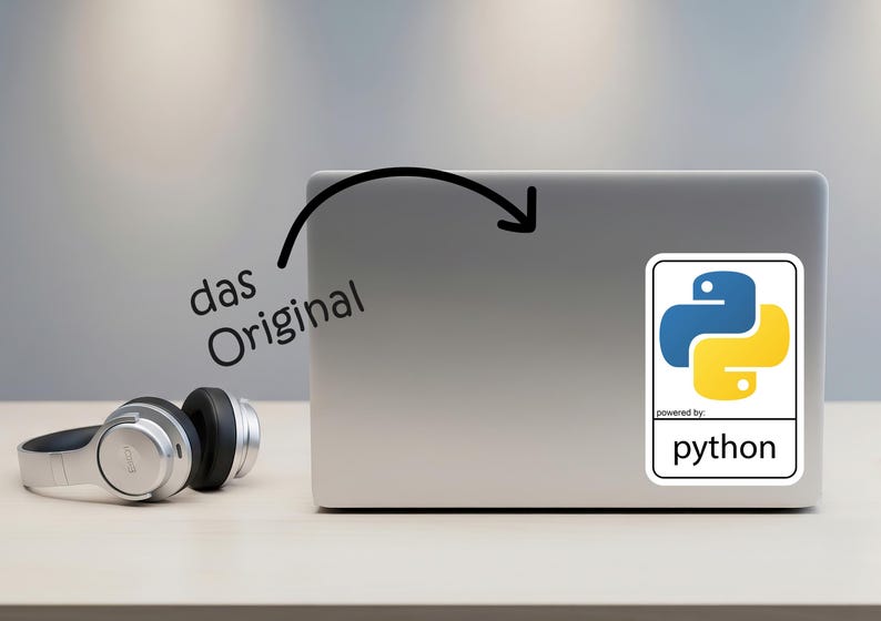 May include: A silver laptop with a Python sticker featuring a blue and yellow logo and the text "powered by python." The image also includes a pair of silver and black headphones and the text "das Original."