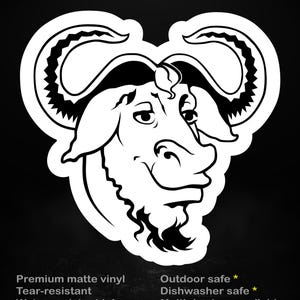 May include: White vinyl sticker with a cartoon wildebeest head, large horns, and a beard, outlined in black. The sticker has the text "stick me! somewhere cool..." at the top. It is tear-resistant and water-resistant.