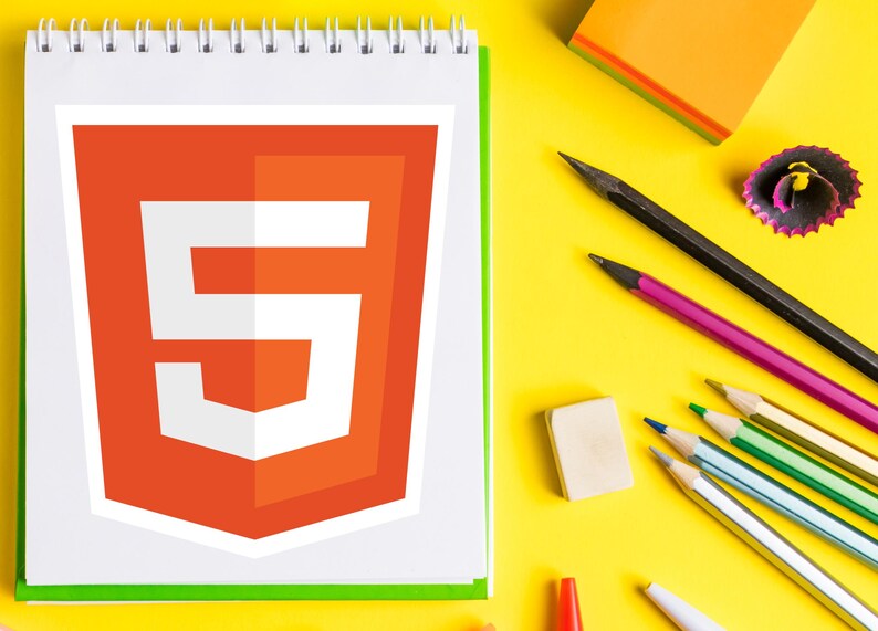 May include: A spiral-bound notepad displays a large orange and white HTML5 logo. The notepad is surrounded by pencils, an eraser, and a pencil sharpener on a bright yellow surface. The pencils are black, purple, green, and silver.