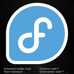 May include: A sticker with a white stylized letter "f" inside a light blue rounded rectangle. The sticker has the text "stick me! somewhere cool..." in yellow. Additional text indicates the sticker is premium matte vinyl, tear-resistant, water-resistant ink, outdoor safe, and dishwasher safe.
