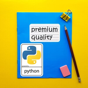 May include: A blue notepad with the words "premium quality" and a Python logo. A pencil, eraser, and a binder clip are also on the yellow background. The Python logo is blue and yellow.