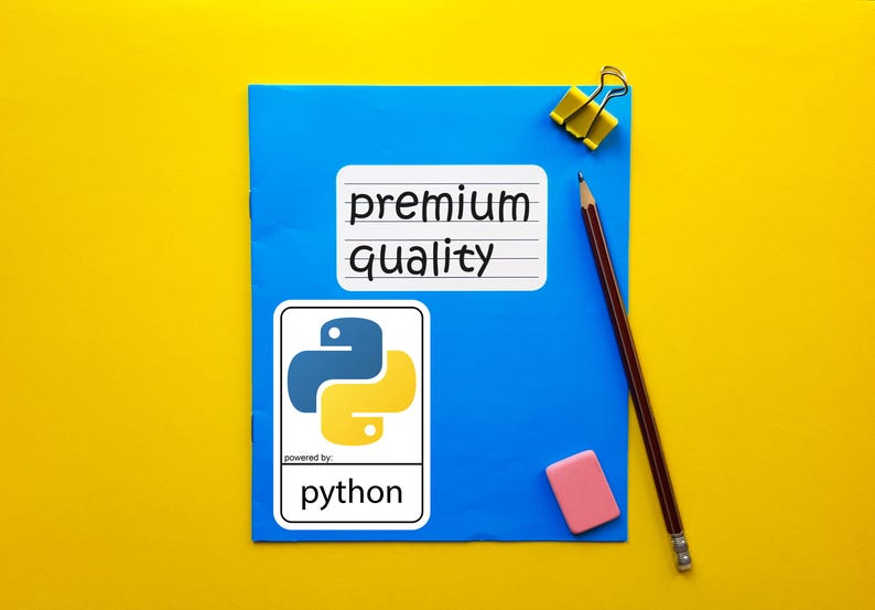 May include: A blue notepad with the words "premium quality" and a Python logo. A pencil, eraser, and a binder clip are also on the yellow background. The Python logo is blue and yellow.