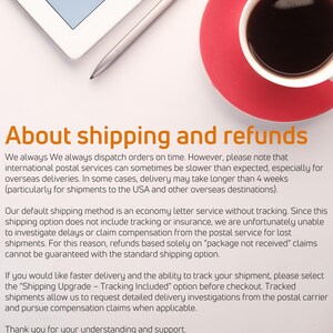 May include: Image with text: "About shipping and refunds." Includes a red coffee cup and saucer, a tablet, and a stylus. The text explains shipping methods, delivery times, and refund policies for international orders.