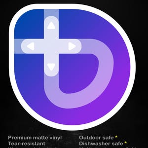 May include: A sticker with a gradient blue and purple design, featuring a white cross-shaped graphic. The text "stick me! somewhere cool..." is at the top. Additional text indicates the sticker is made of premium matte vinyl and is tear-resistant.