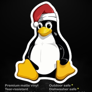 Op de afbeelding: Een sticker met een cartoonpinguïn met een kerstmuts. De pinguïn is zwart en wit met gele voeten en snavel. De tekst "stick me! somewhere cool..." staat bovenaan. De sticker is van premium mat vinyl, scheurvast en waterbestendig.