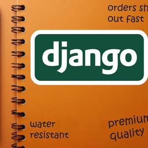 May include: An orange spiral-bound notebook with a black pen on the left side. The notebook features the word "django" in white letters on a green rectangle. Text on the notebook reads "orders ship out fast", "water resistant", and "premium quality".
