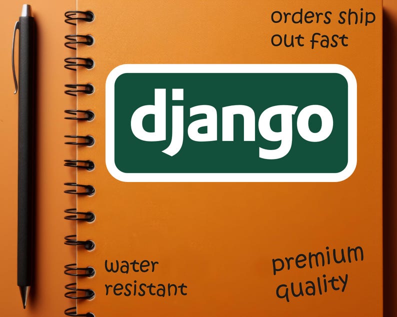 May include: An orange spiral-bound notebook with a black pen on the left side. The notebook features the word "django" in white letters on a green rectangle. Text on the notebook reads "orders ship out fast", "water resistant", and "premium quality".