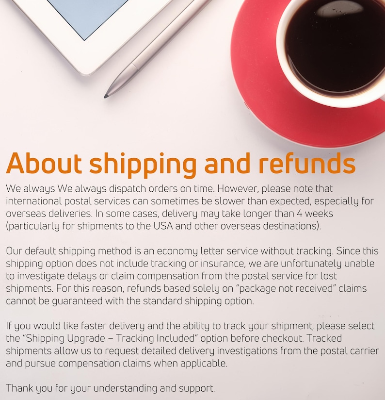 May include: Image with text: "About shipping and refunds." Includes a red coffee cup and saucer, a tablet, and a stylus. The text explains shipping methods, delivery times, and refund policies.