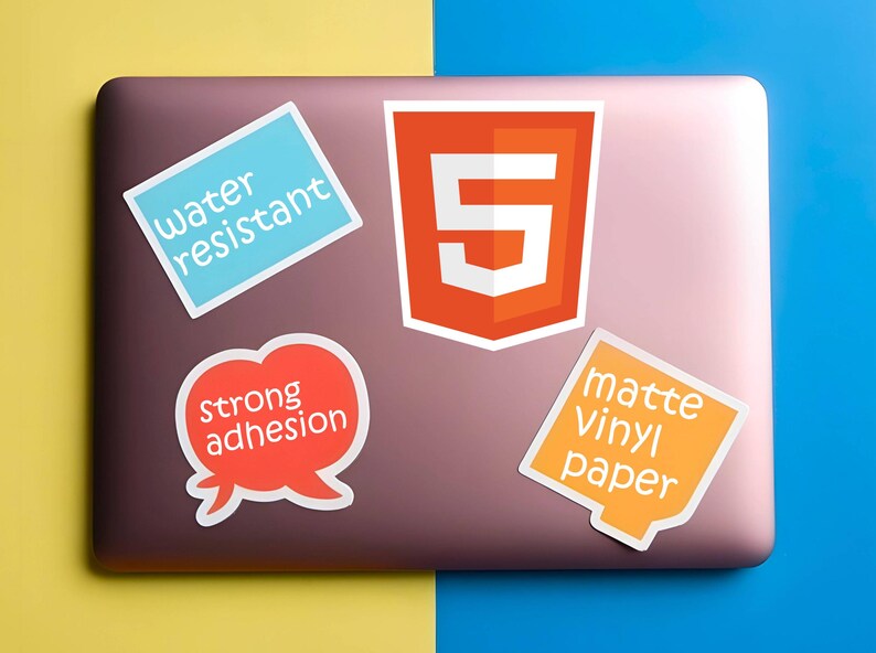 May include: A collection of stickers on a laptop. The stickers include text that reads "water resistant", "strong adhesion", and "matte vinyl paper". One sticker features the number "5" inside an orange shield.