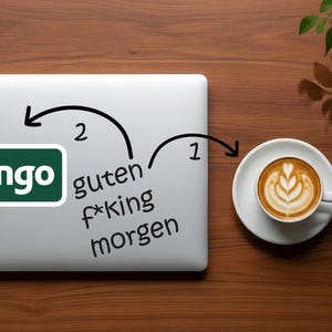 May include: A laptop with a Django sticker and the words "guten f*king morgen" is next to a cup of coffee with latte art on a wooden surface. A green plant is in the background.