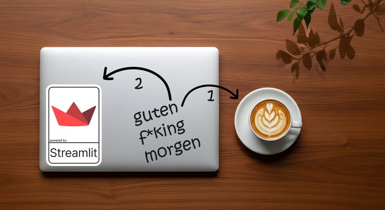 K&ouml;nnte beinhalten: Ein Laptop mit einem Streamlit-Aufkleber und den Worten "guten f*king morgen" darauf geschrieben. Rechts steht eine Tasse Kaffee mit Latte Art. Das Bild befindet sich auf einer Holzoberfl&auml;che.