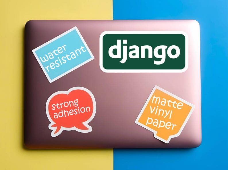 May include: A laptop with four stickers. One sticker has the word "django" in white on a green background. Other stickers say "water resistant", "strong adhesion", and "matte vinyl paper". The laptop is on a yellow and blue background.