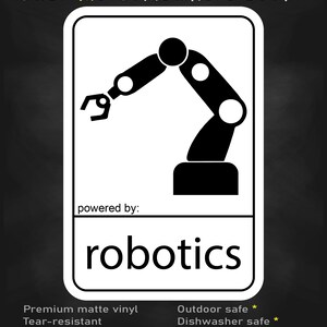May include: A rectangular sticker with a white background and black border featuring a black robotic arm graphic. The text reads stick me! somewhere cool... powered by: robotics. Below are the labels: Premium matte vinyl, Tear-resistant, Water-resistant ink, Outdoor safe, Dishwasher safe, and Multiple sizes available.