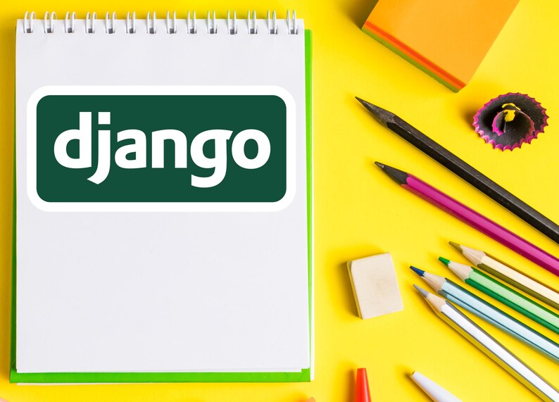 May include: A white spiral notebook with a green border and the word "django" in white letters on a green rectangle. Pencils, an eraser, and a pencil sharpener are scattered on a yellow surface.