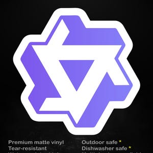 May include: A purple sticker featuring a geometric, impossible triangle shape with a white border. The text reads: stick me! somewhere cool... Premium matte vinyl, Tear-resistant, Water-resistant ink, Outdoor safe, Dishwasher safe, Multiple sizes available.