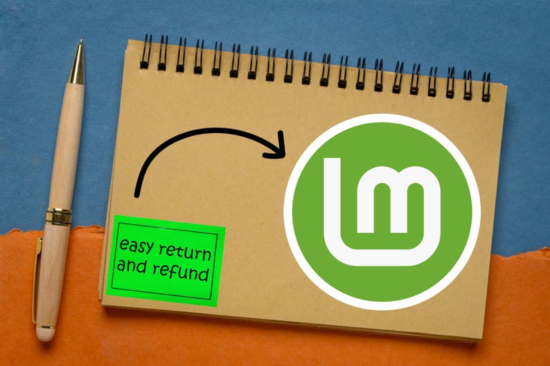 May include: A spiral-bound notepad with a green and white logo, a black arrow, and a green sticker that says "easy return and refund." A wooden pen with gold accents is to the left of the notepad.