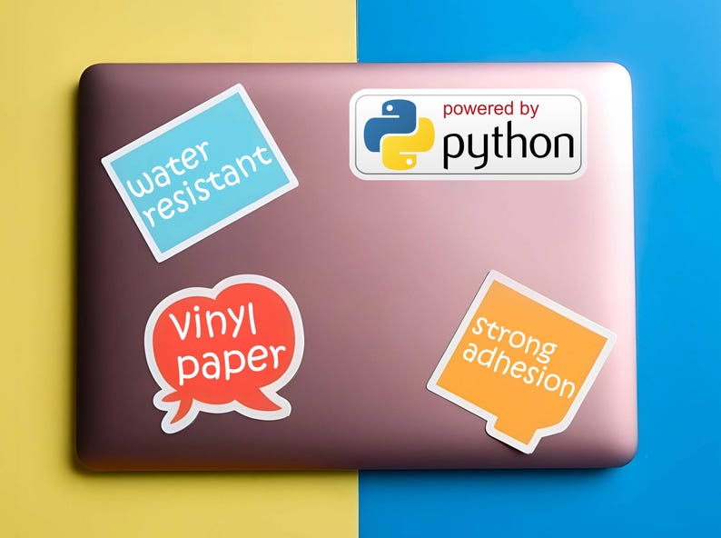 May include: A laptop with four stickers: a blue rectangle with "water resistant", a red speech bubble with "vinyl paper", an orange square with "strong adhesion", and a white rectangle with "powered by python".