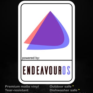 Könnte beinhalten: Ein weißer Aufkleber mit schwarzem Rand und dem Text "stick me! somewhere cool...". Der Aufkleber zeigt ein geometrisches Design mit überlappenden roten, lila und blauen Formen und dem Text "ENDEAVOUROS".