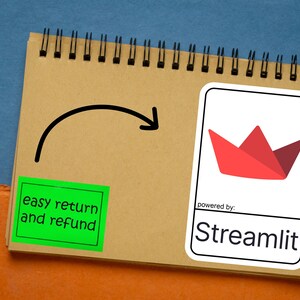 K&ouml;nnte beinhalten: Ein Spiralnotizblock mit einem Stift, einem gr&uuml;nen Aufkleber mit dem Text "easy return and refund" und einem wei&szlig;en Aufkleber mit einer roten Origami-Krone und dem Text "Streamlit". Der Hintergrund ist blau und orange.