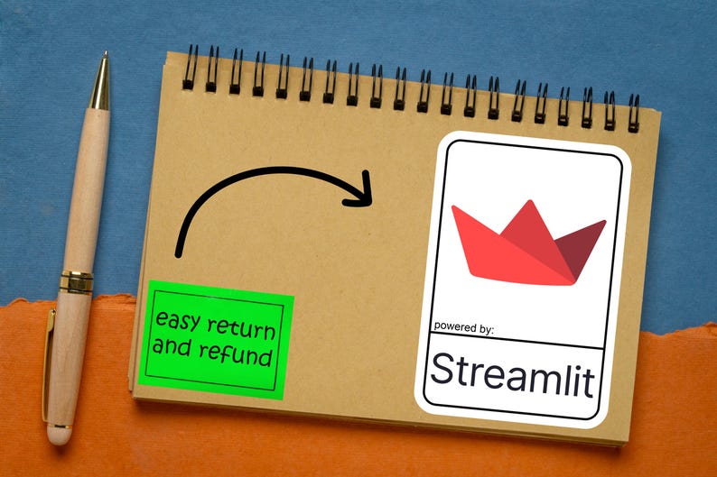 K&ouml;nnte beinhalten: Ein Spiralnotizblock mit einem Stift, einem gr&uuml;nen Aufkleber mit dem Text "easy return and refund" und einem wei&szlig;en Aufkleber mit einer roten Origami-Krone und dem Text "Streamlit". Der Hintergrund ist blau und orange.