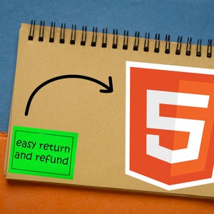 May include: A wooden pen with gold accents rests beside a spiral-bound notepad. The notepad features a green sticker with the text "easy return and refund" and a graphic of the HTML5 logo. An arrow points from the sticker to the logo.