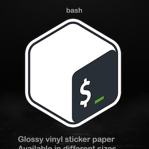 Könnte beinhalten: Ein weißer und dunkelgrauer sechseckiger Aufkleber mit dem Wort "bash" oben. Der Aufkleber zeigt ein Dollarzeichen und ein Unterstrichsymbol. Der Text "Glänzendes Vinyl-Aufkleberpapier Erhältlich in verschiedenen Größen" steht unten.