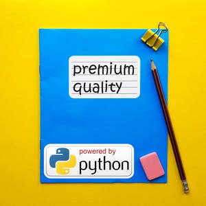 May include: A blue notebook with the words "premium quality" and "powered by python" on white labels. A pencil, pink eraser, and yellow binder clip are also on the yellow background.